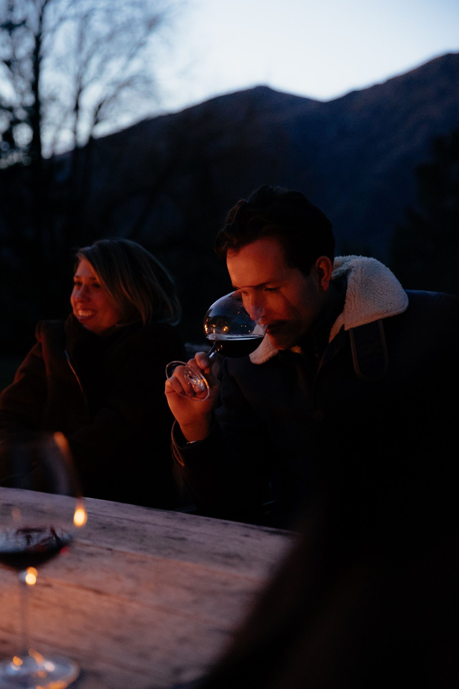 Hugo Dunphy and Anika Willner tasting the Coal Pit Pinot Noir